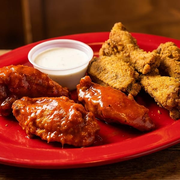 A red plate holds both buffalo and fried chicken wings with a side of ranch dressing.