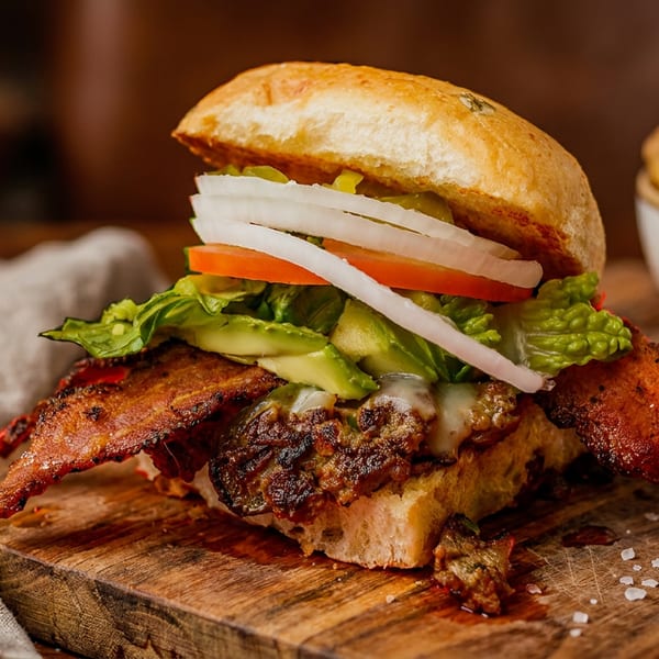 A gourmet burger with bacon, avocado, lettuce, tomato, and onion, served with fries and sauce.