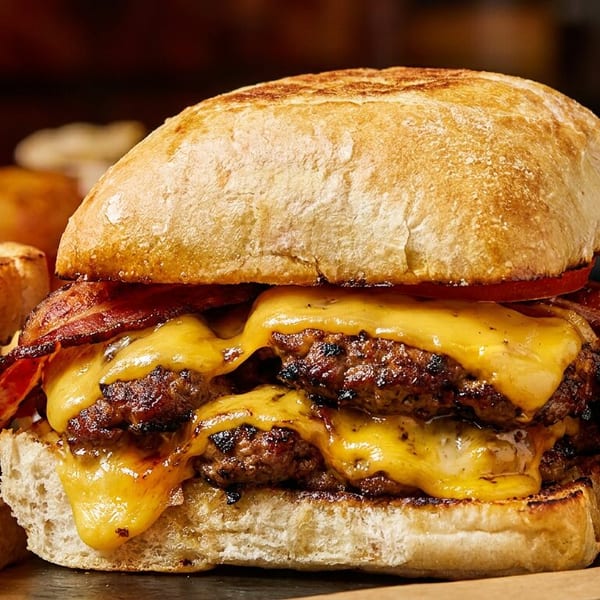 A double cheeseburger with bacon and melted cheese, next to a sandwich and a drink.