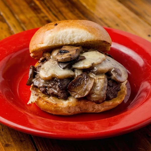 Mushroom Swiss burger on a red plate, with a wooden table background.